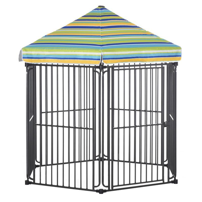 PawHut Heavy-Duty Metal Outdoor Pet Kennel with Striped Roof