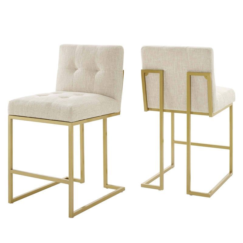 Privy Beige Upholstered Fabric Counter Stools with Gold Metal Base, Set of 2