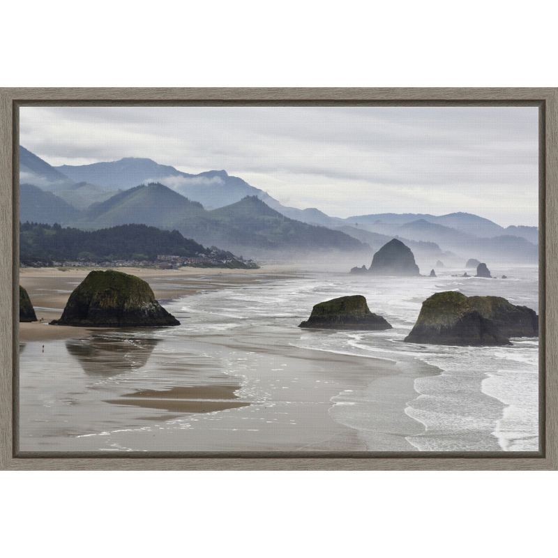 Cannon Beach Fog Coastline Landscape Canvas Print in Grey Frame