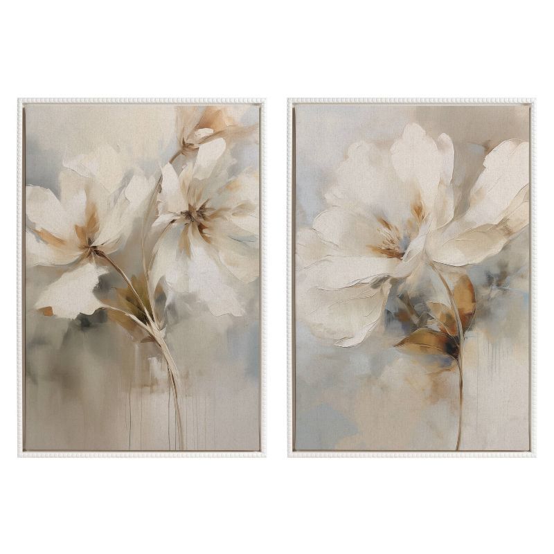 Sylvie Beaded Abstract Botanical Floral Linen Painting Set on Canvas