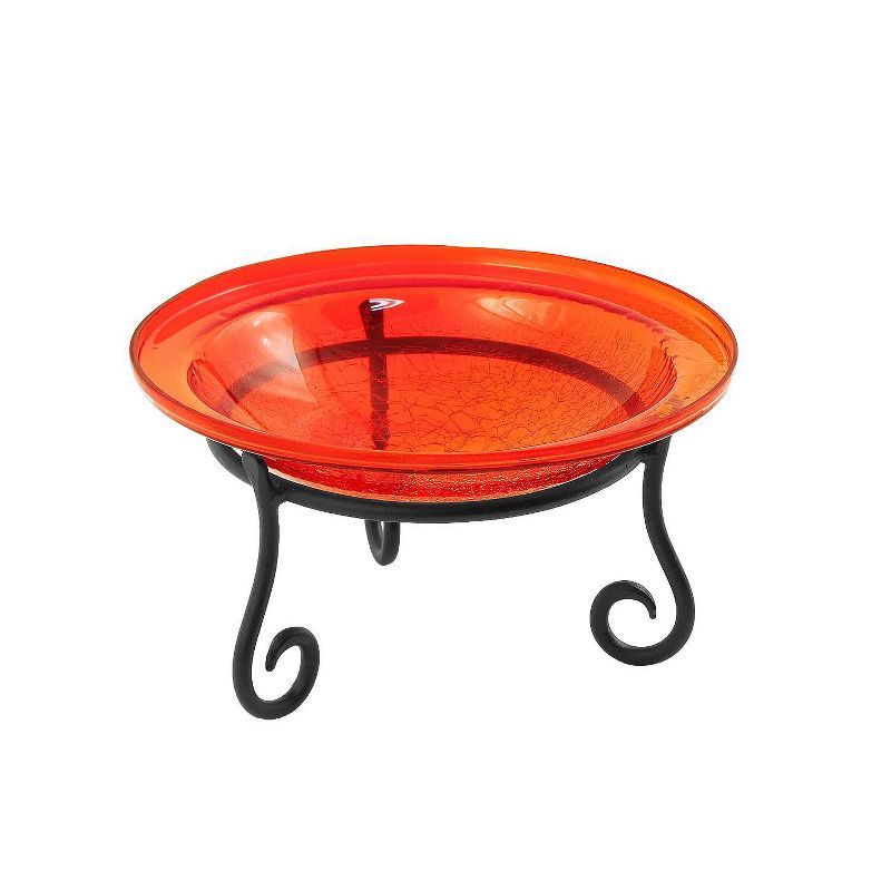 Tomato Red Crackle Glass Birdbath with Wrought Iron Stand