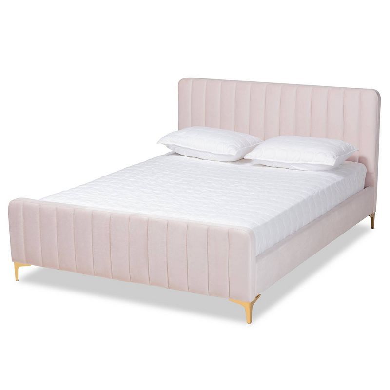 Light Pink Velvet Upholstered Full Bed with Gold Legs