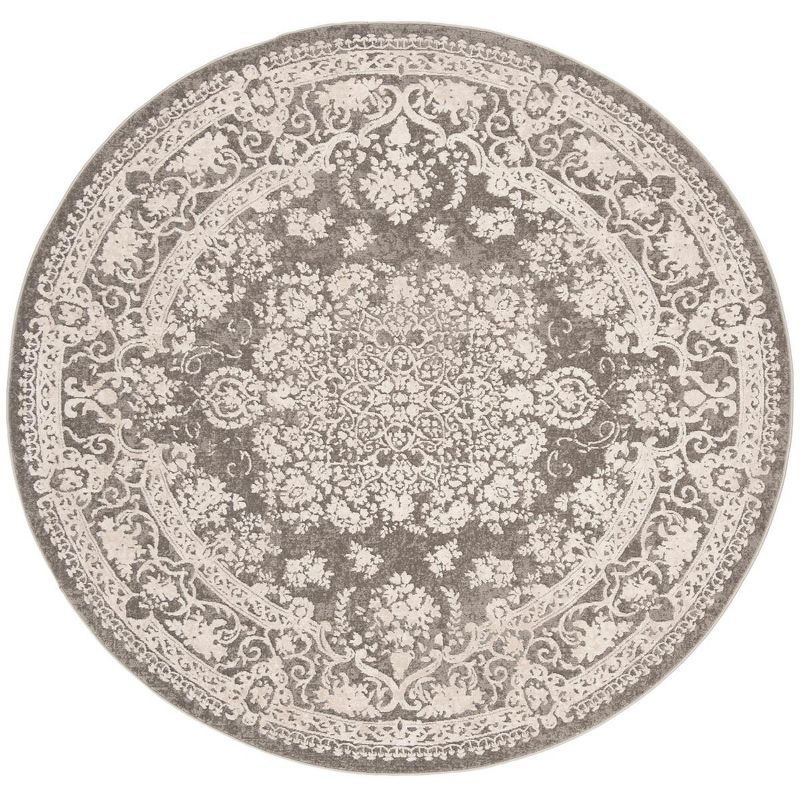 Round Dark Grey and Cream Synthetic Floral Area Rug