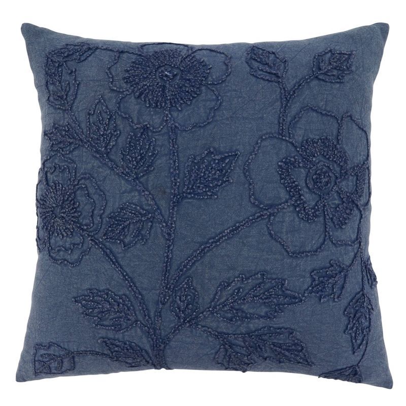 20" Navy Embroidered Floral Cotton Square Throw Pillow