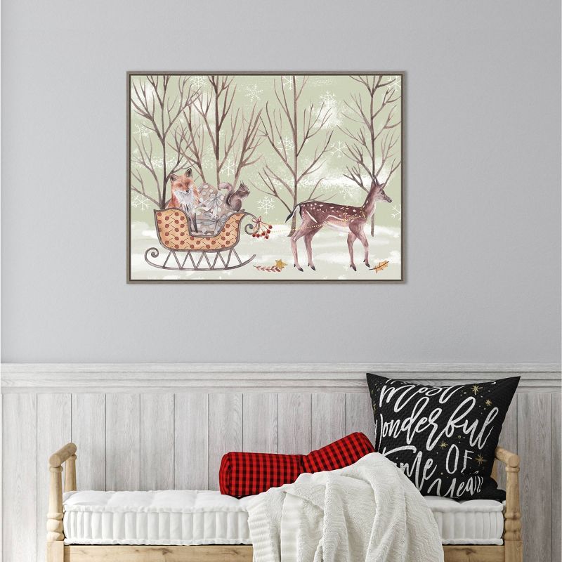 Christmas Woodland Animals on Sleigh Canvas Print