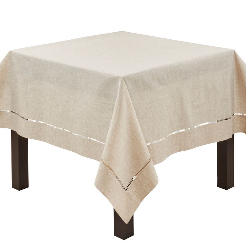 Natural Poly-Linen Blend Square Tablecloth with Hemstitch Border