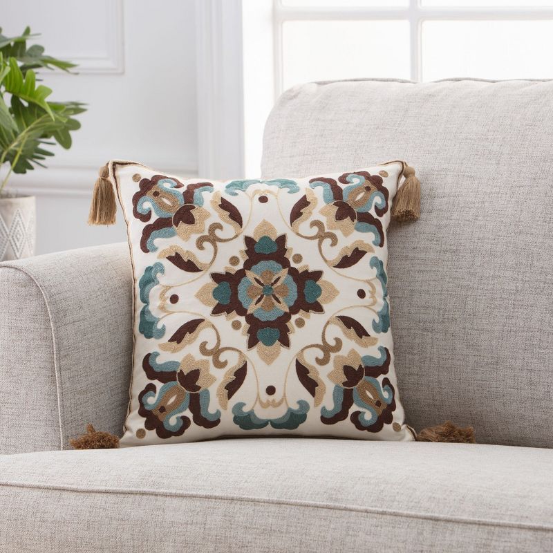 Embroidered Farmhouse 18" Cotton Polyester Pillow Cover with Tassels