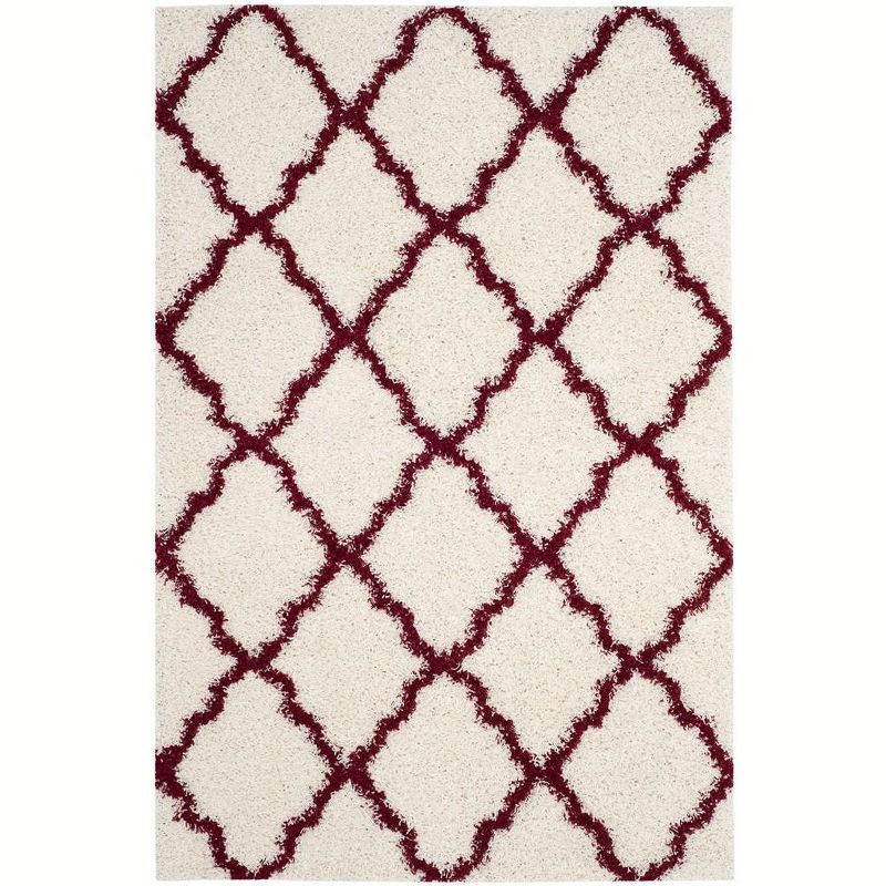Ivory and Red Geometric Shag Area Rug, 10' x 14'