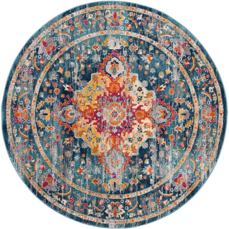 Teal & Fuchsia 59" Round Synthetic Easy-Care Area Rug