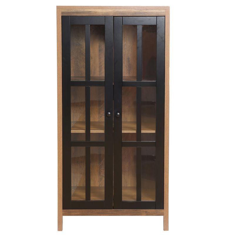 Natural Wood and Black Glass Door Curio Cabinet