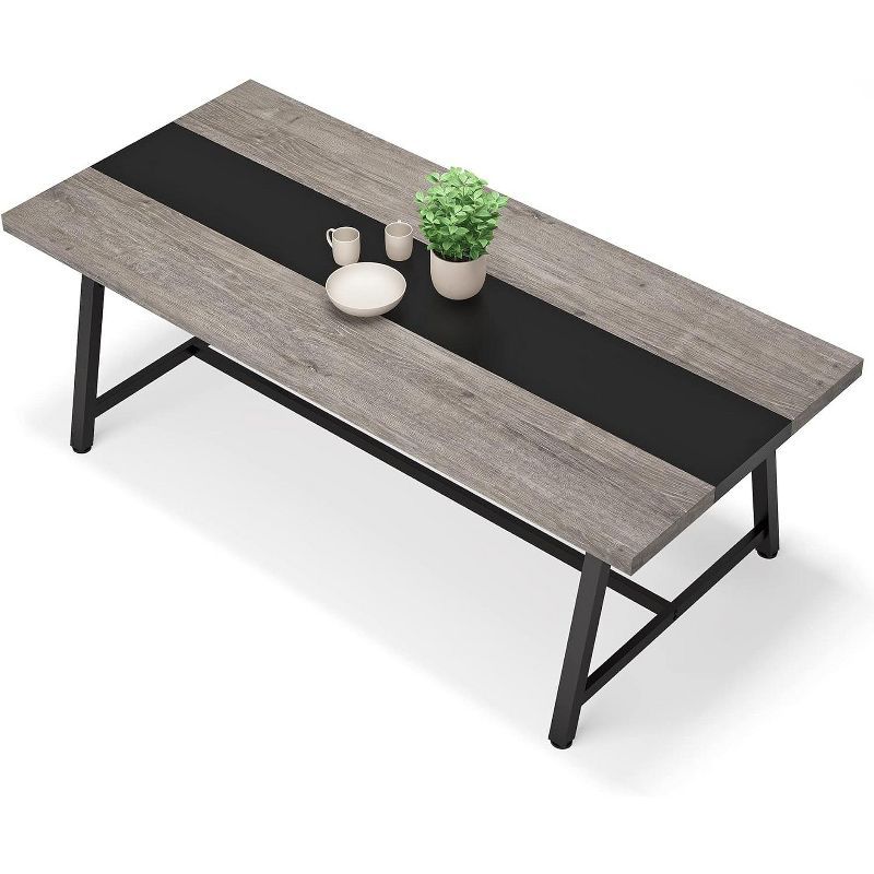 Gray and Black Rectangular Dining Table with Metal Frame for 8