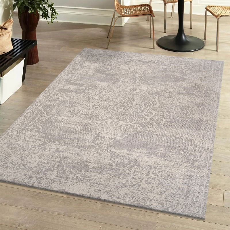 Ivory Rectangular Stain-Resistant Synthetic Area Rug, 5'x8'