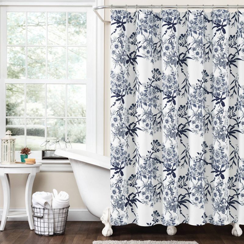 Navy and White Floral Botanical Garden Shower Curtain