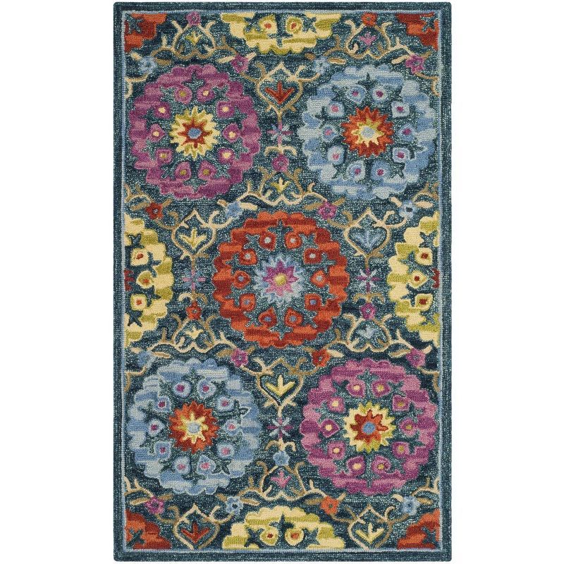 Handmade Blue Floral Wool 3' x 5' Area Rug