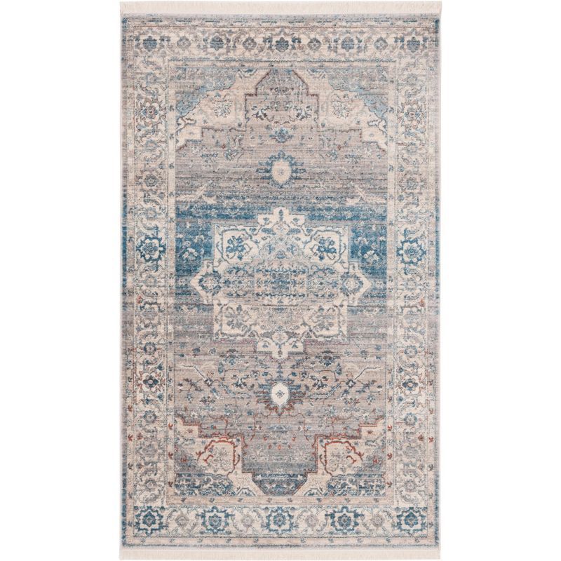 Vintage Blue and Gray Hand-knotted Synthetic Area Rug 5' x 7'