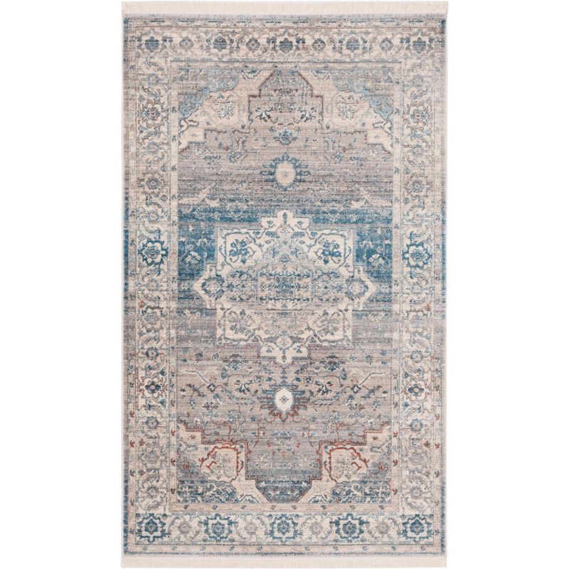 Vintage Blue and Gray Hand-Knotted Synthetic Area Rug, 4' x 6'