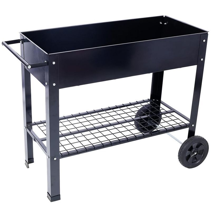 Black Steel Elevated Raised Garden Bed with Wheels and Storage Shelf