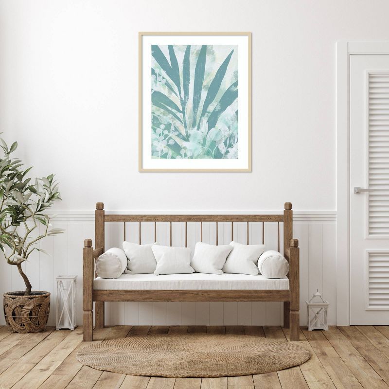 Aqua Palms II Abstract Botanical Lithograph in Brown Frame