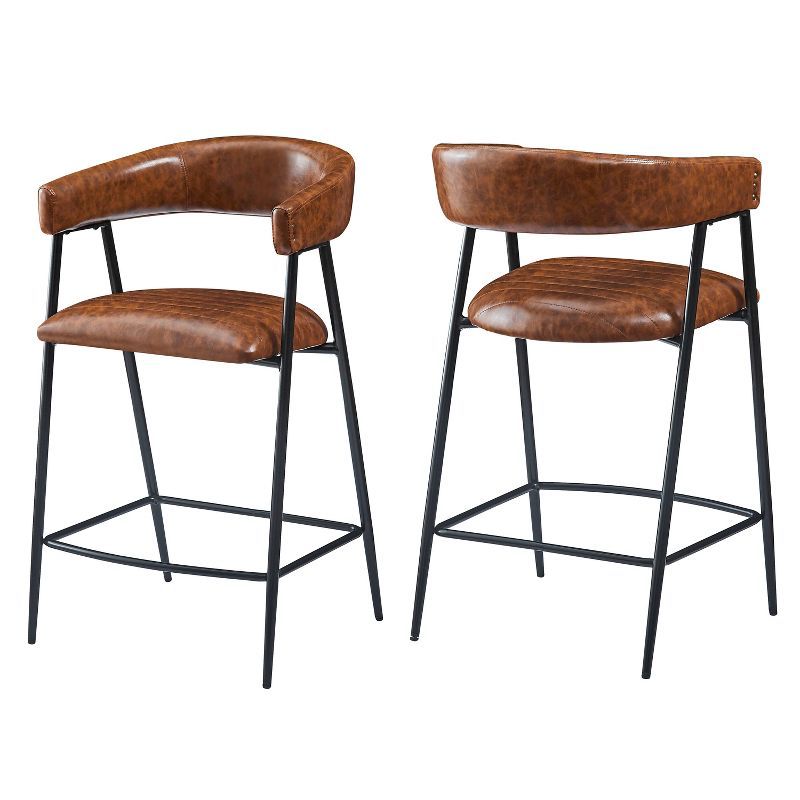 Brown Leather and Iron Frame Counter Stools, Set of 2