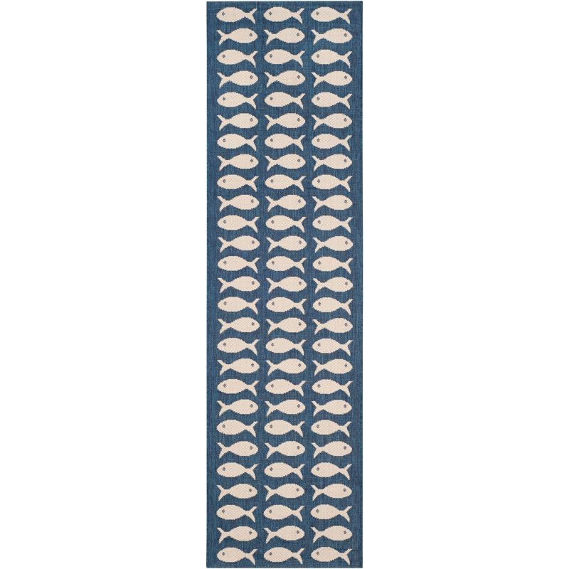 Navy and Beige Fish Pattern Indoor/Outdoor Runner Rug