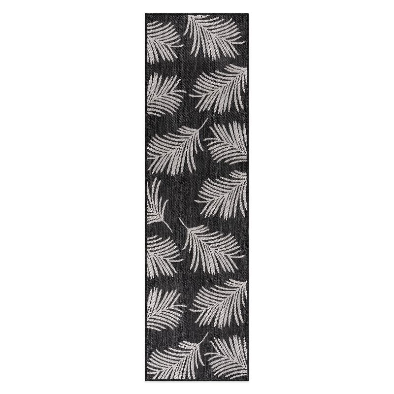 Tropical Palm Leaves Black Synthetic Flatwoven Reversible Rug - 2'x7'