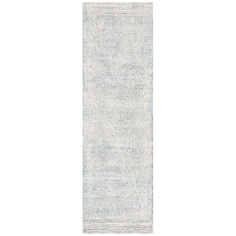 Ivory and Blue Abstract Handmade Wool Runner Rug