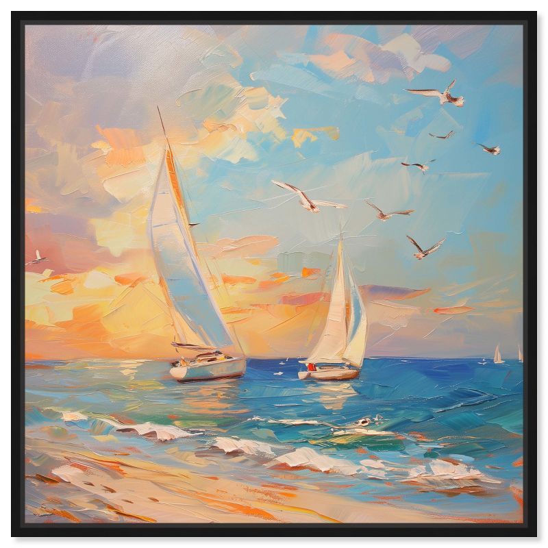 Sailboats in Sunset Coastal Canvas Wall Art with Black Frame