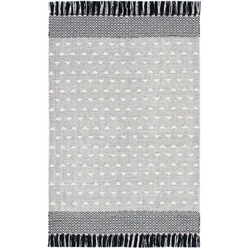 Ivory and Black Geometric Handwoven Wool-Cotton Blend Rug - 5' x 8'