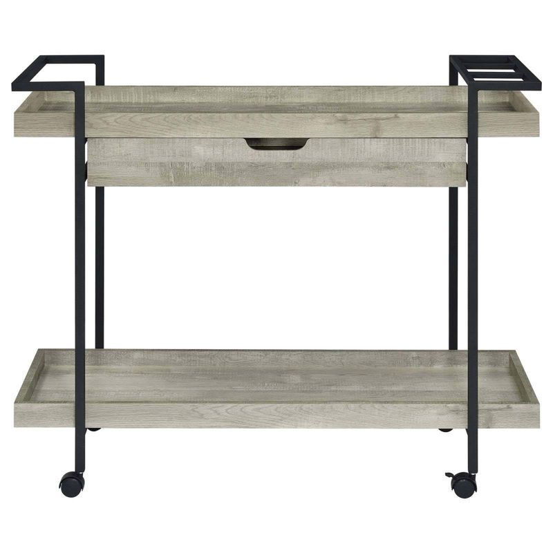 Gray Driftwood Industrial Bar Cart with Storage and Wine Rack