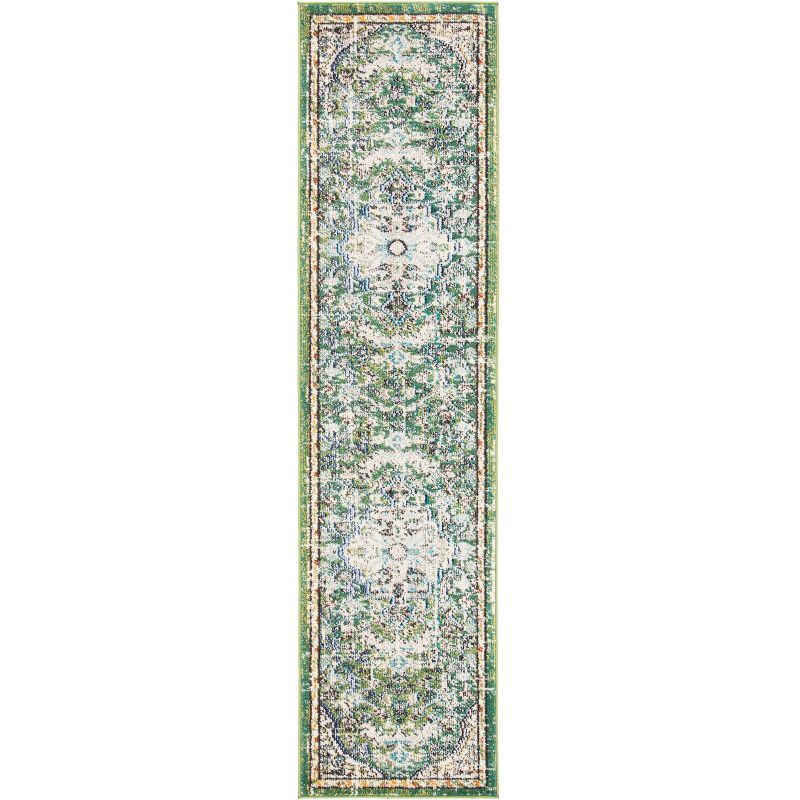 Vintage Green & Turquoise Synthetic Runner Rug - 2'2" x 14'