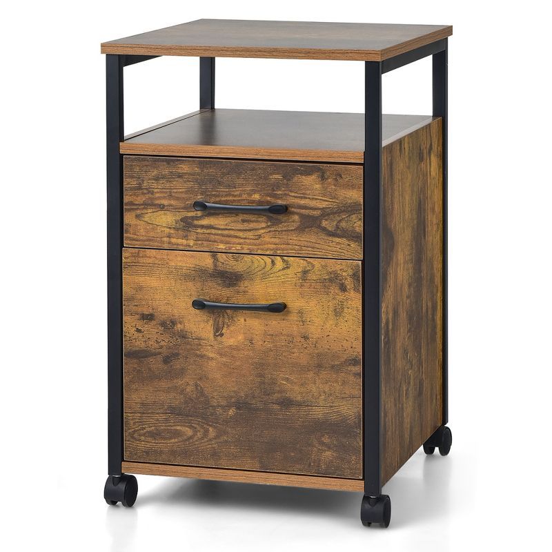 Rustic Brown 2-Drawer Mobile File Cabinet with Open Shelf