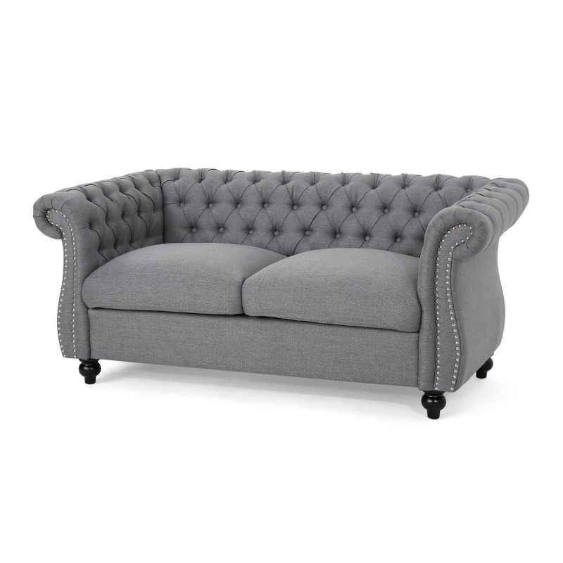 Dark Gray Tufted Fabric Chesterfield Loveseat with Nailhead Trim