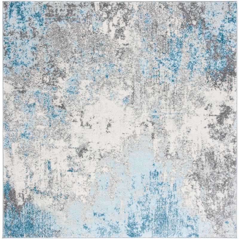 Grey and Blue Abstract Square Washable Area Rug