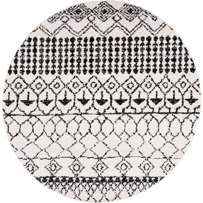 Ivory and Black Round Synthetic Moroccan Area Rug