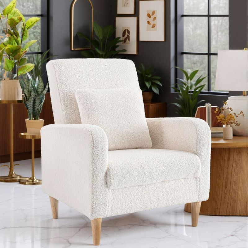 Beige Upholstered Accent Chair with Pillow and Wood Legs