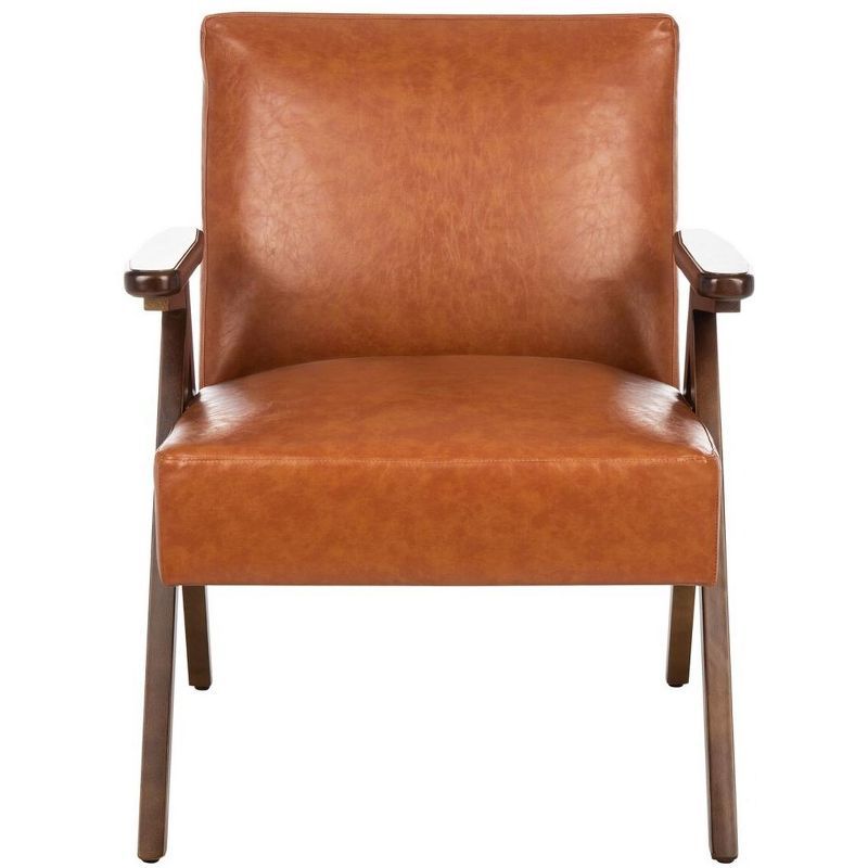 Cognac Faux Leather and Walnut Wood Mid-Century Accent Chair