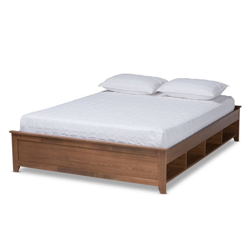 Walnut Brown Full Size Wood Storage Platform Bed with Shelves