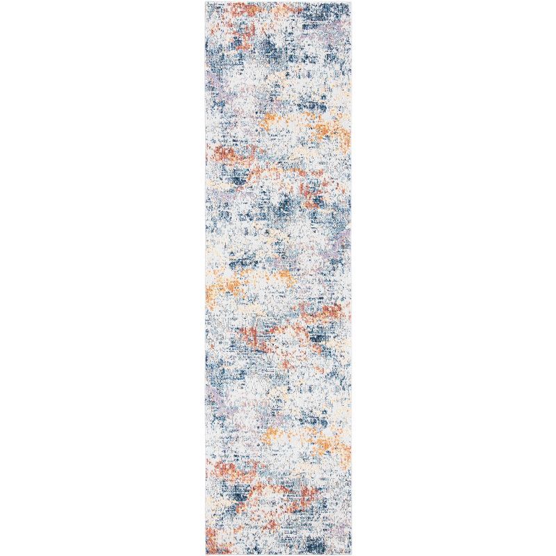 Ivory and Blue Abstract Hand-knotted Runner Rug