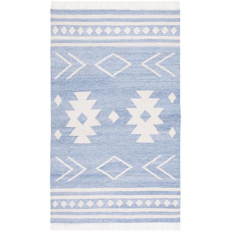 Blue and Ivory Geometric Handwoven Flatweave Area Rug