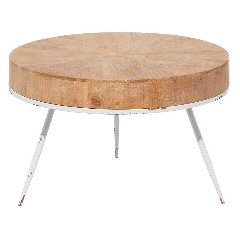 Modern Minimalist Round Coffee Table with White Distressed Iron Legs, 32"W