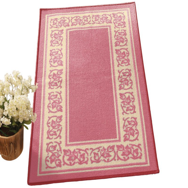 Pink Floral Border Rectangular Washable Accent Rug