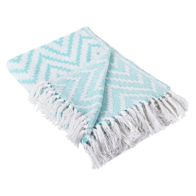 Aqua Chevron Cotton Throw Blanket with Fringe