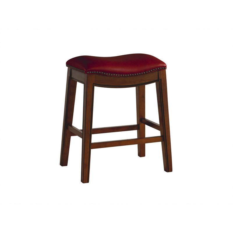 Transitional Red Leather & Wood 24" Saddle Counter Stool