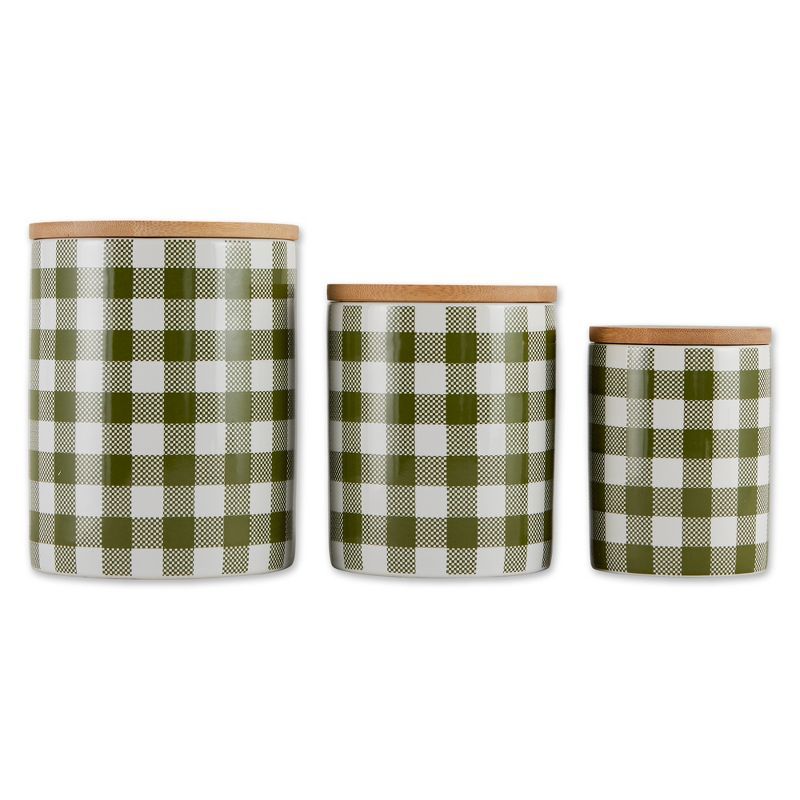 Antique Green and White Ceramic Buffalo Check Canister Set with Bamboo Lids