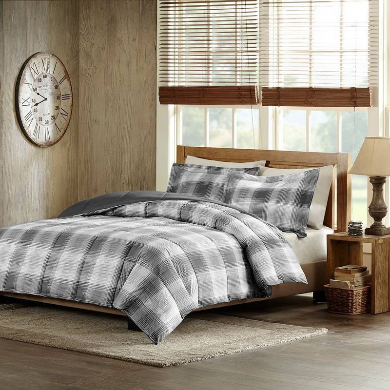 Gray Full/Queen Down Alternative Comforter Set with Plaid Pattern