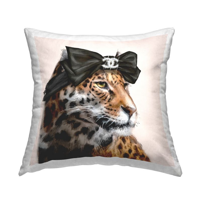 Leopard Print Pillow with Black Bow, 18 x 18 Inch