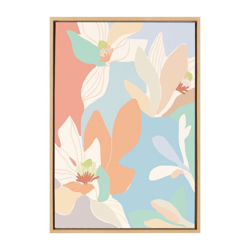 Spring Magnolia Pastel Floral Canvas Print with Natural Frame