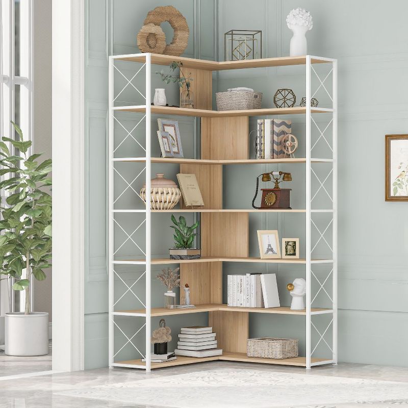 White MDF and Metal 7-Tier L-Shaped Corner Bookcase