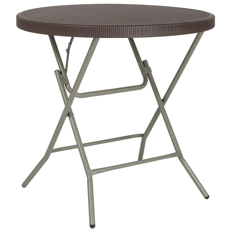 Petite Round Gray Metal Folding Table with Brown Plastic Top