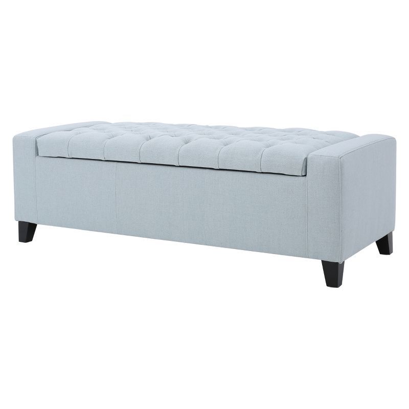 Light Sky Blue Tufted Linen Storage Ottoman with Dark Brown Legs